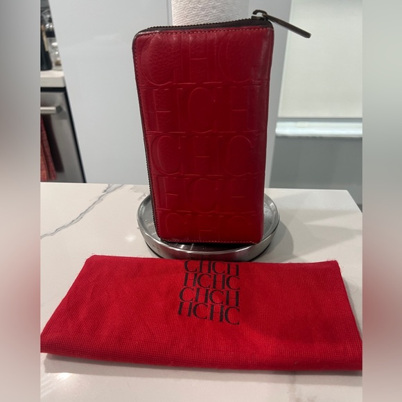 CAROLINA HERRERA Red Monogram Embossed Leather Zipper Continental Wallet - Picture 11 of 14
